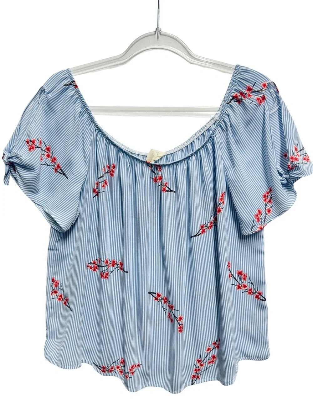Satin Knit Pinstripe Floral Vines Off Shoulder Blouse Top